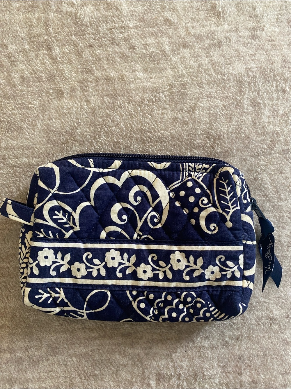 Vera Bradley Twirly Bird Navy Pattern Cotton Quilted Floral Cosmetic Bag Lined